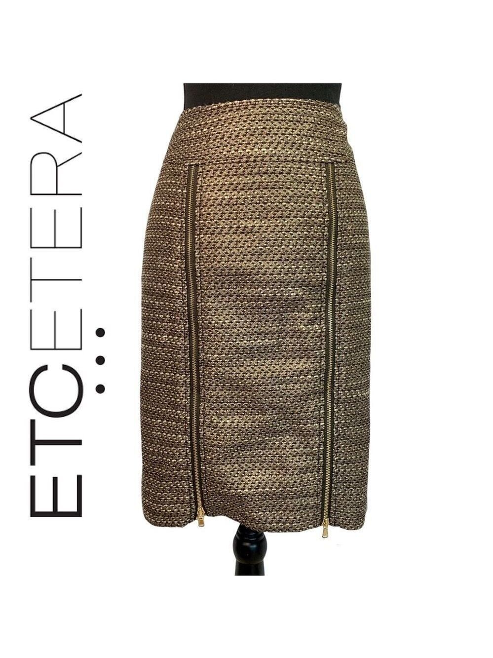 ETCETERA GOLD BRONZE METALLIC PENCIL SKIRT WOOL BLEND EXPOSED ZIPPERS SIZE 4